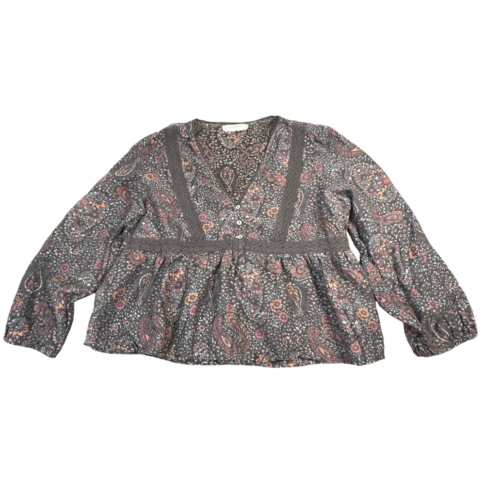 Lucky Brand Womens Paisley Floral Lace Trim Peplum Blouse Medium